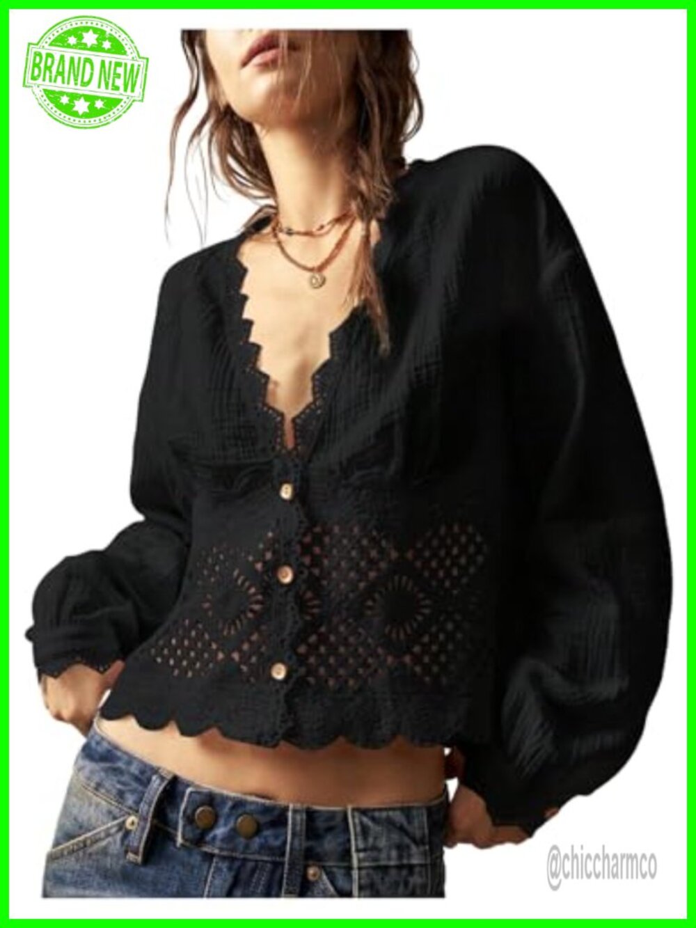 Women's Crochet Patchwork Deep V Neck Long Sleeve Crop Blouse Top